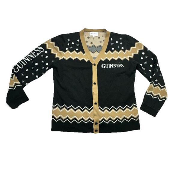 Guinness Cardigan Sweater Size Large Black Button Down Holidays Party Bar Crawl - Picture 1 of 9